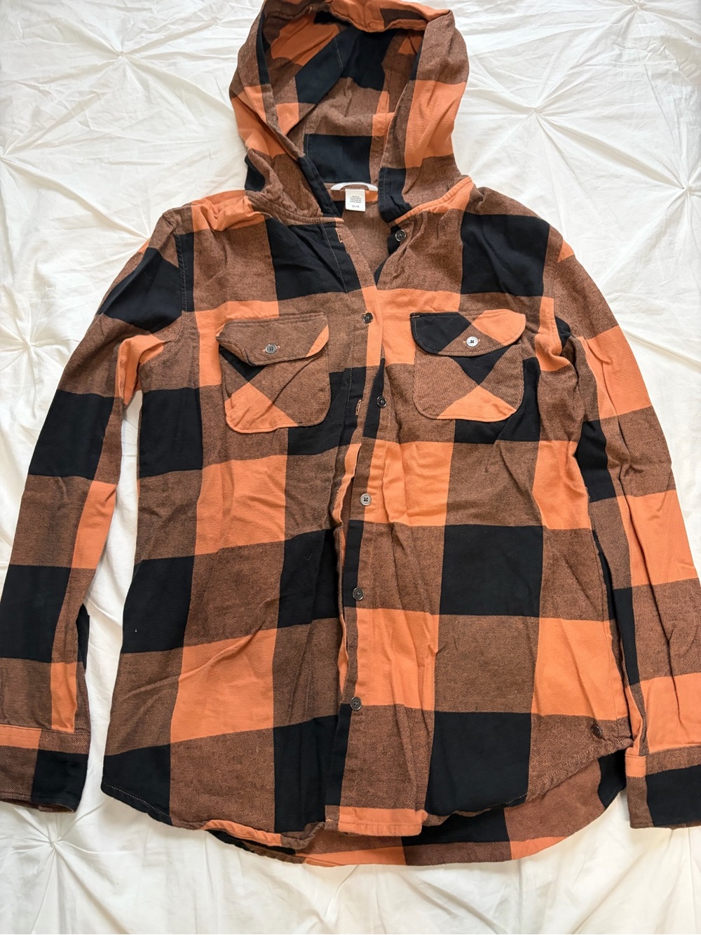 Women's Hooded Button-Down Plaid Shirt - Orange/Black 100% cotton